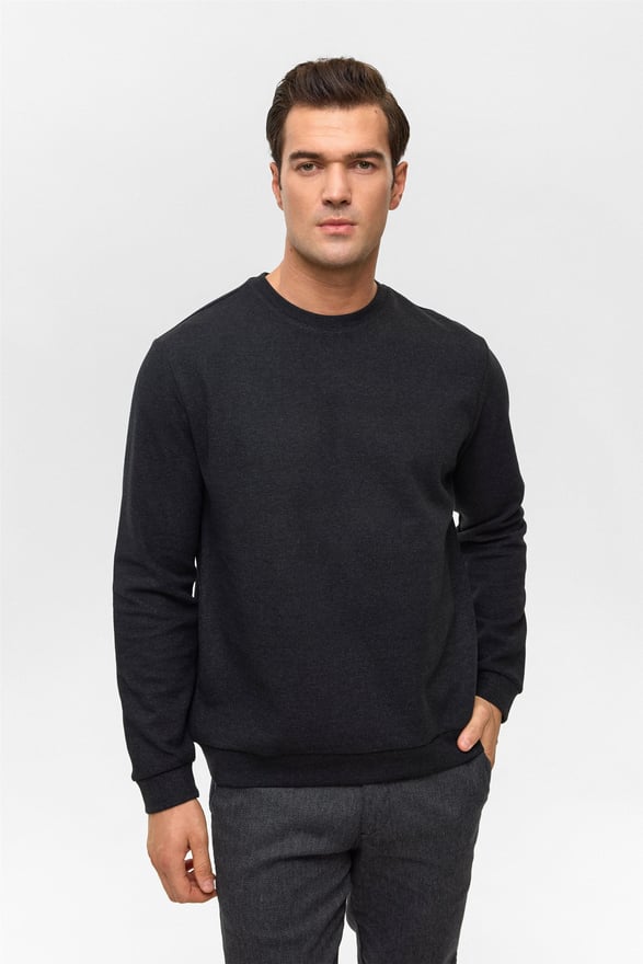 Siyah Regular Düz Bisiklet Yaka Sweatshirt