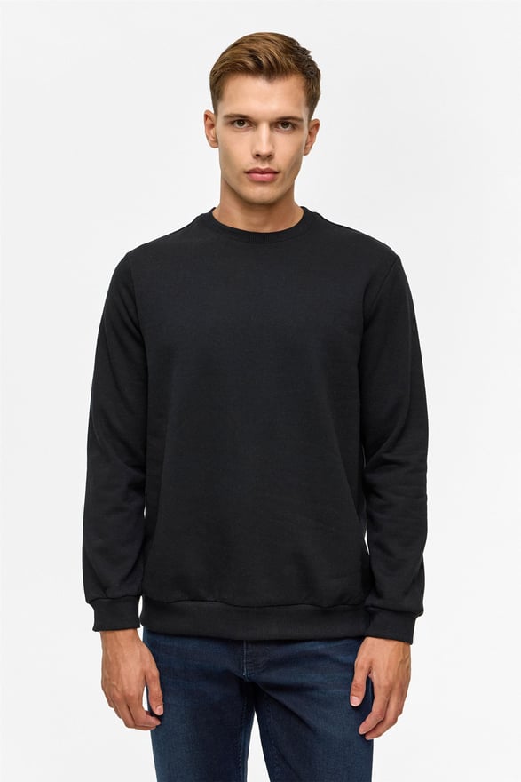 Siyah Regular Düz Bisiklet Yaka Sweatshirt
