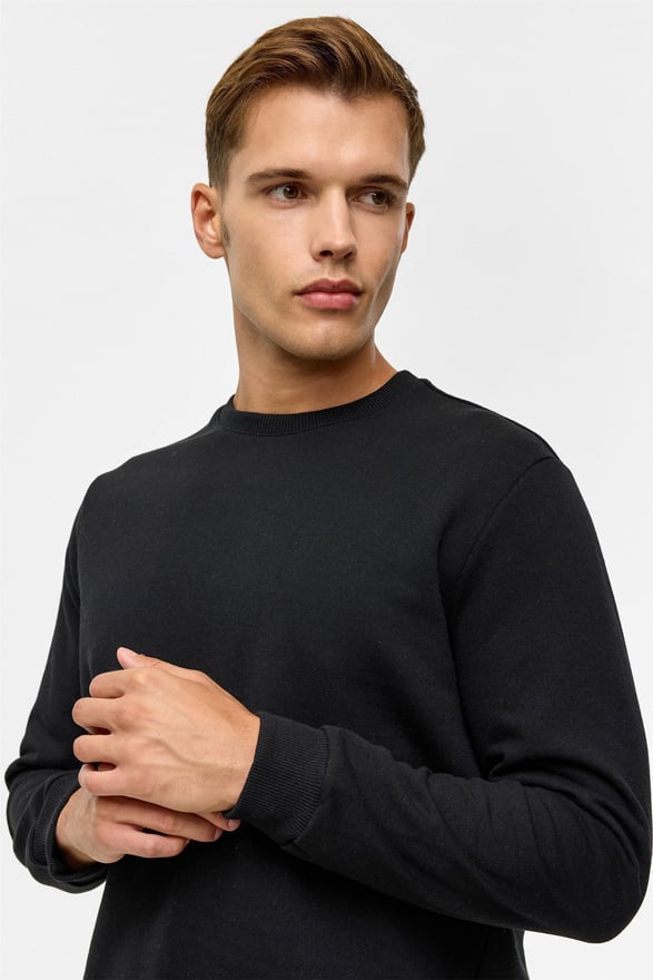Siyah Regular Düz Bisiklet Yaka Sweatshirt