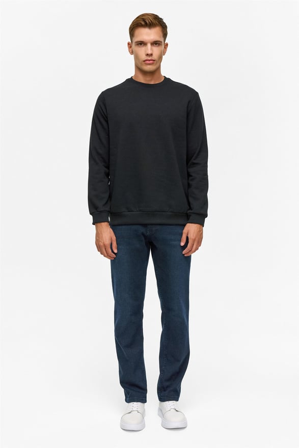 Siyah Regular Düz Bisiklet Yaka Sweatshirt