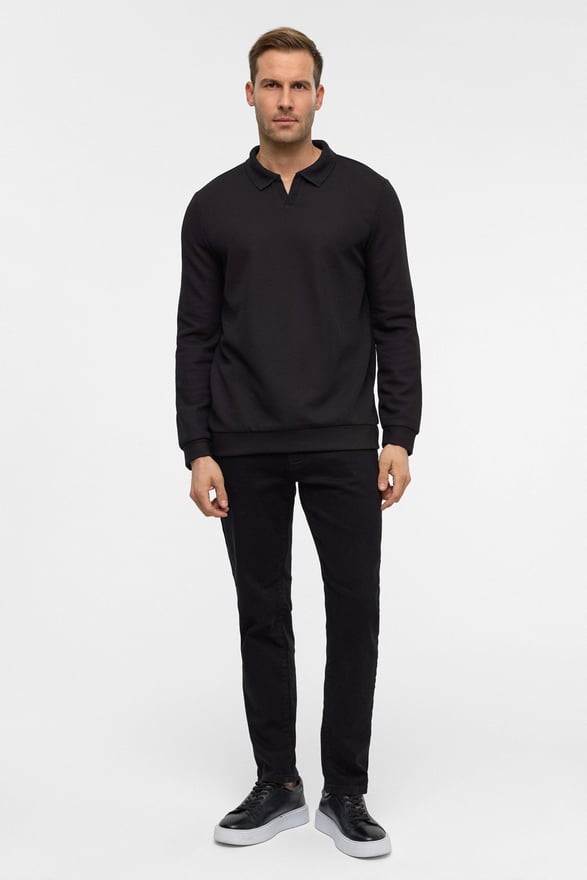 Siyah Regular Düz Polo Yaka Sweatshirt