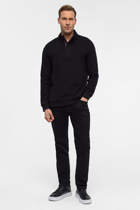 Siyah Regular Düz Polo Yaka Sweatshirt