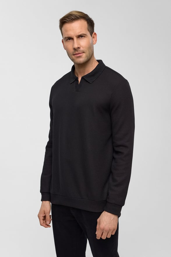 Siyah Regular Düz Polo Yaka Sweatshirt