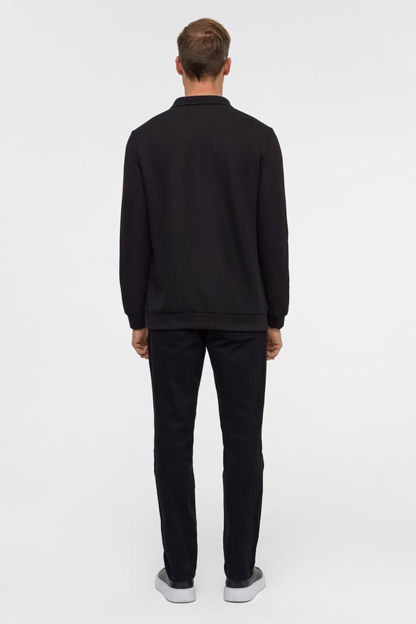 Siyah Regular Düz Polo Yaka Sweatshirt