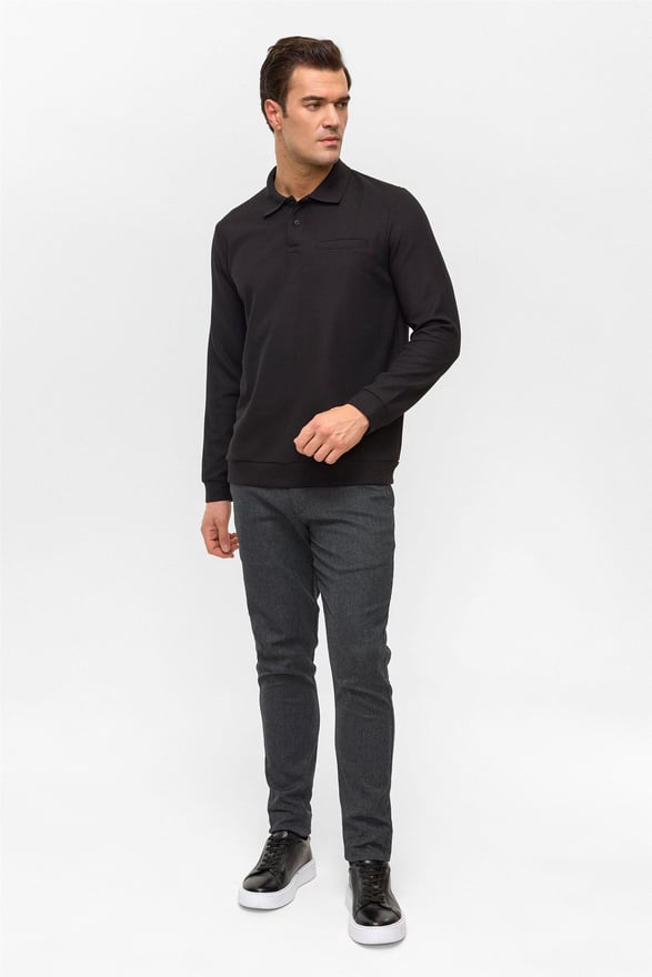 Siyah Regular Düz Polo Yaka Sweatshirt