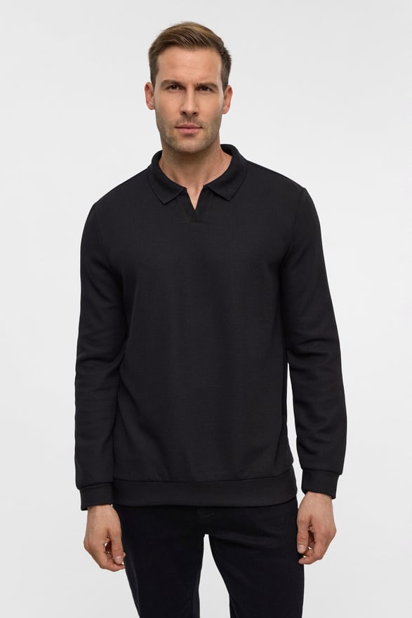 Siyah Regular Düz Polo Yaka Sweatshirt