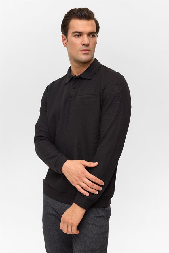 Siyah Regular Düz Polo Yaka Sweatshirt