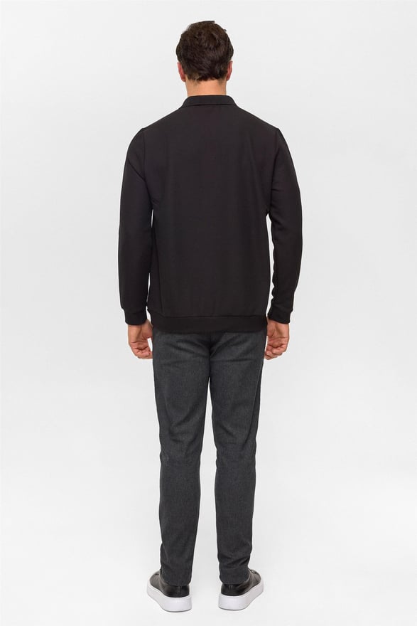 Siyah Regular Düz Polo Yaka Sweatshirt