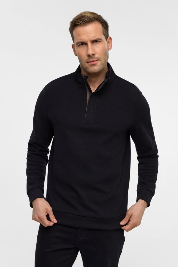 Siyah Regular Düz Polo Yaka Sweatshirt