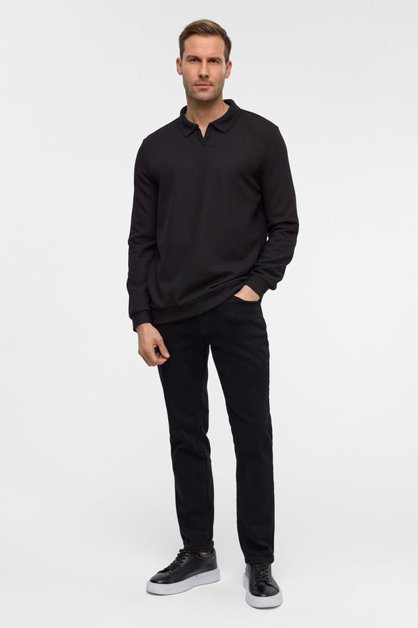 Siyah Regular Düz Polo Yaka Sweatshirt