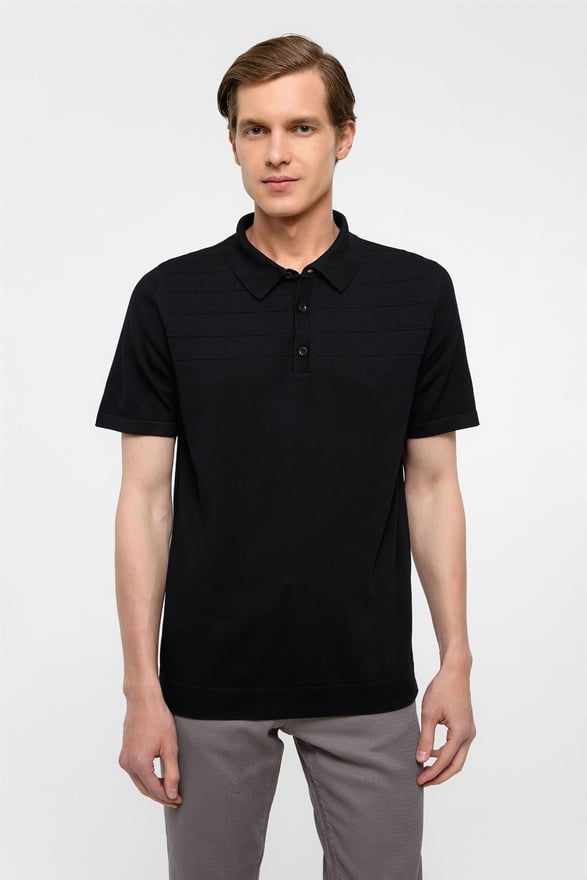 Siyah Regular Düz Polo Yaka Triko