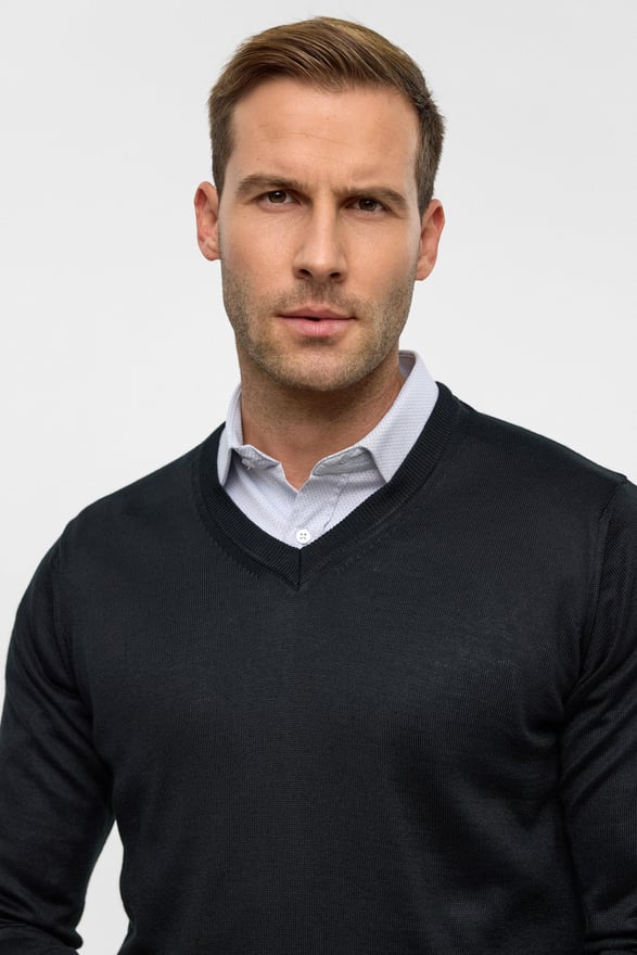 Siyah Regular Düz V Yaka Triko