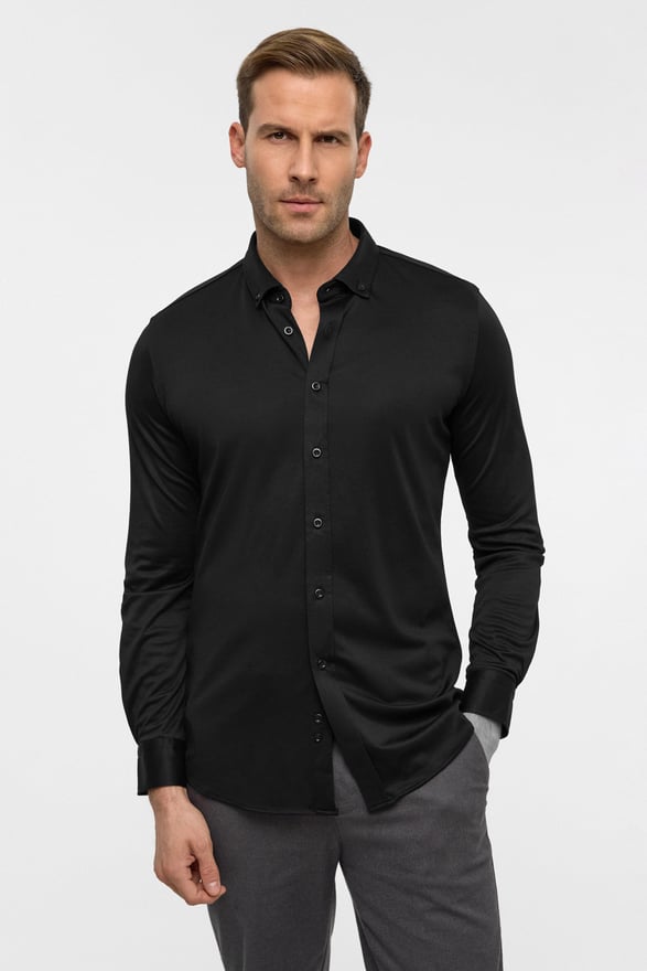 Siyah Slim Armürlü Düğmeli Yaka Gömlek
