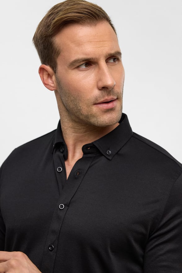 Siyah Slim Armürlü Düğmeli Yaka Gömlek