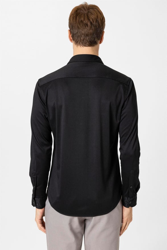 Siyah Slim Armürlü Düğmeli Yaka Gömlek