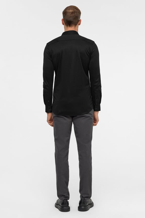Siyah Slim Armürlü Düğmeli Yaka Gömlek