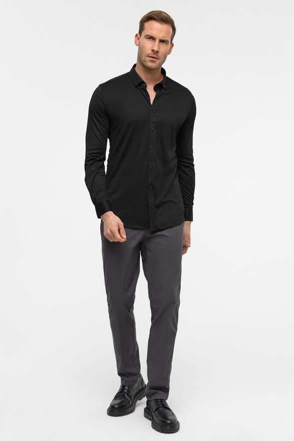 Siyah Slim Armürlü Düğmeli Yaka Gömlek