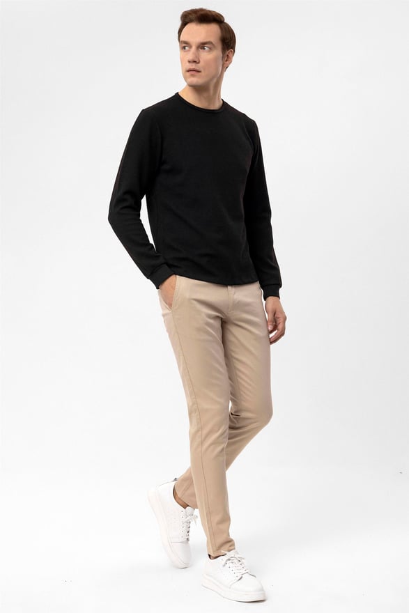 Siyah Slim Armürlü O Yaka  Sweatshirt