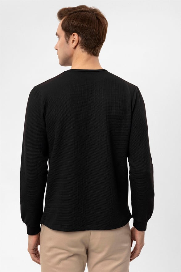 Siyah Slim Armürlü O Yaka  Sweatshirt