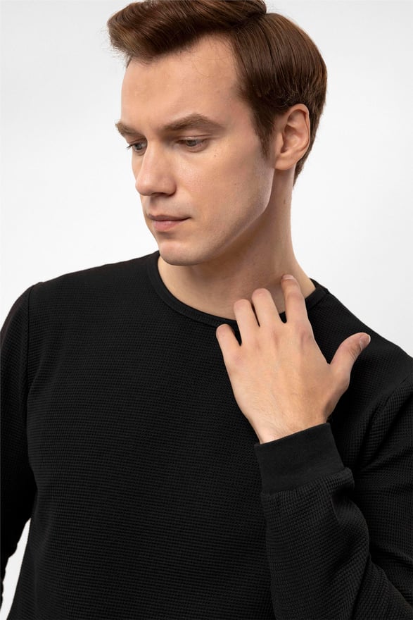 Siyah Slim Armürlü O Yaka  Sweatshirt