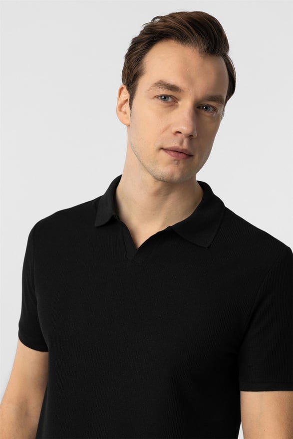 Siyah Slim Armürlü Polo Yaka Tişört