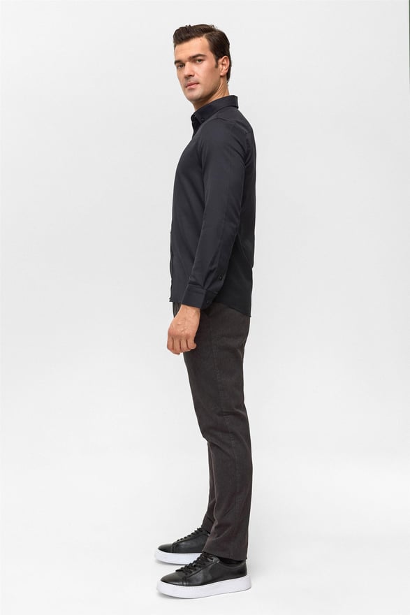 Siyah Slim Baskılı Düğmeli Yaka Gömlek