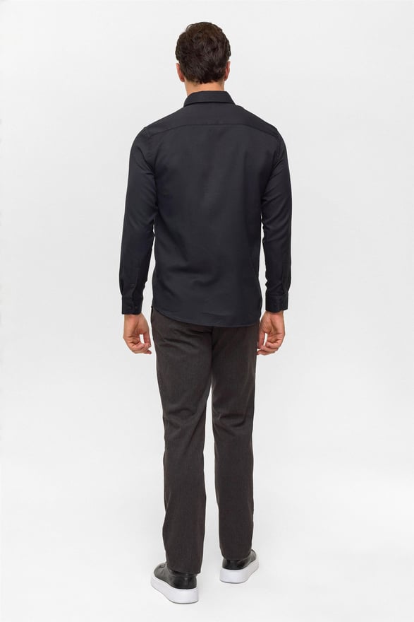 Siyah Slim Baskılı Düğmeli Yaka Gömlek
