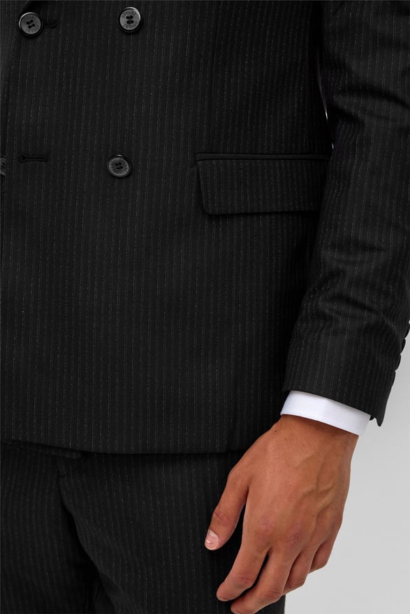 Siyah Slim Çizgili Sivri Yaka 6 Drop Takım Elbise