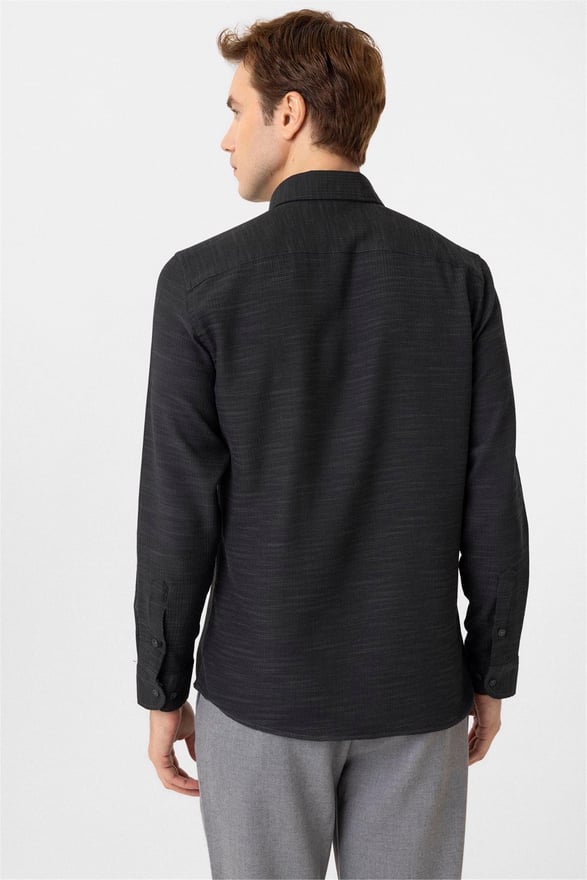 Siyah Slim Desenli Düğmeli Yaka Gömlek