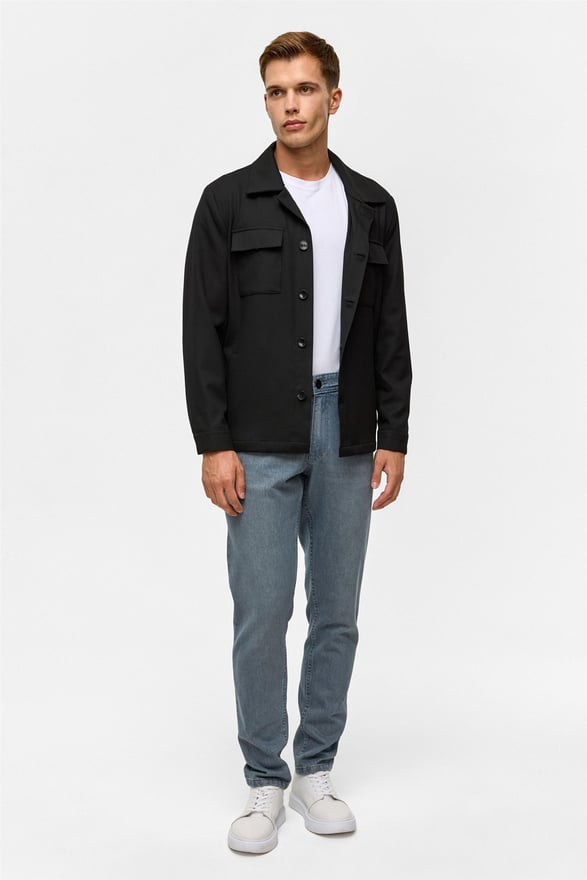 Siyah Slim Desenli Klasik Yaka Mont