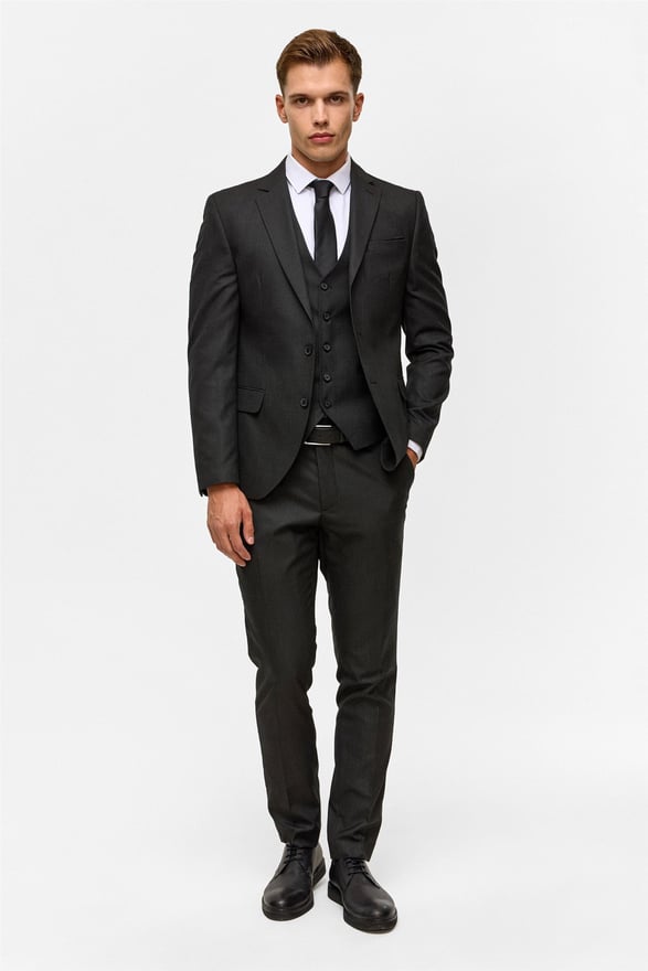 Siyah Slim Desenli Mono Yaka 6 Drop Yelekli Takım Elbise