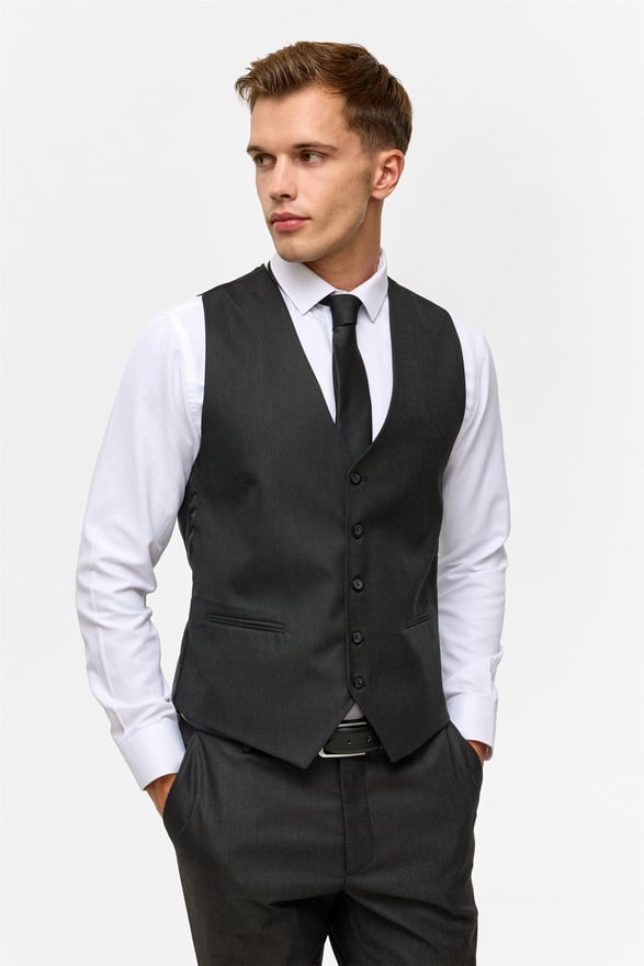 Siyah Slim Desenli Mono Yaka 6 Drop Yelekli Takım Elbise