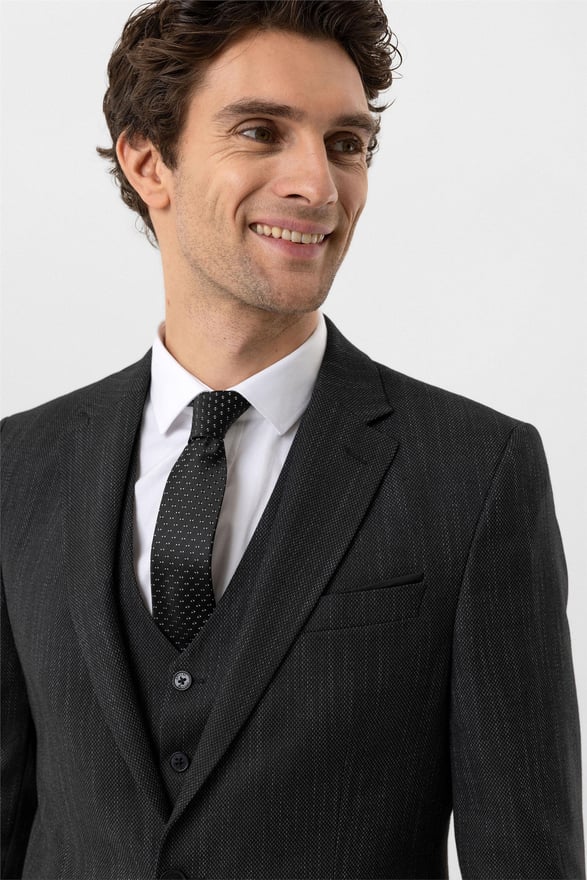 Siyah Slim Desenli Mono Yaka 6 Drop Yelekli Takım Elbise