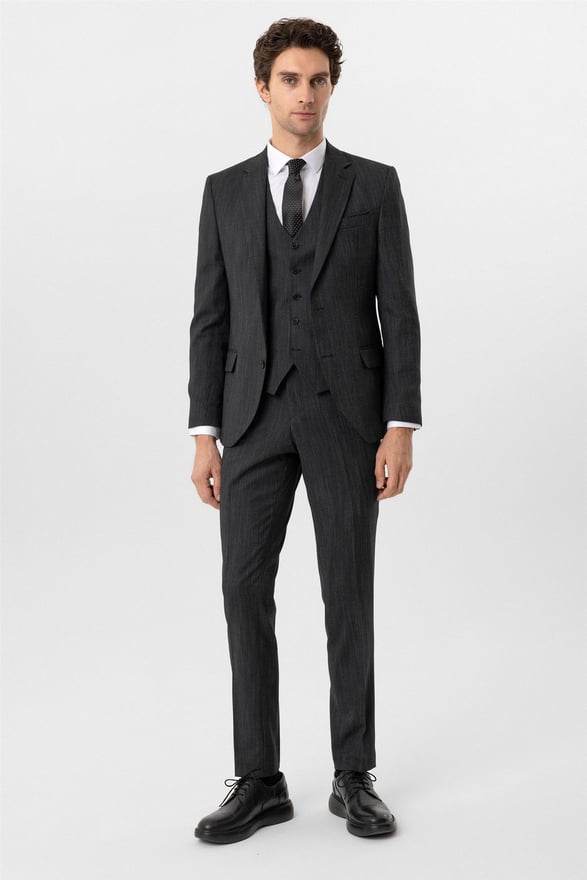 Siyah Slim Desenli Mono Yaka 6 Drop Yelekli Takım Elbise