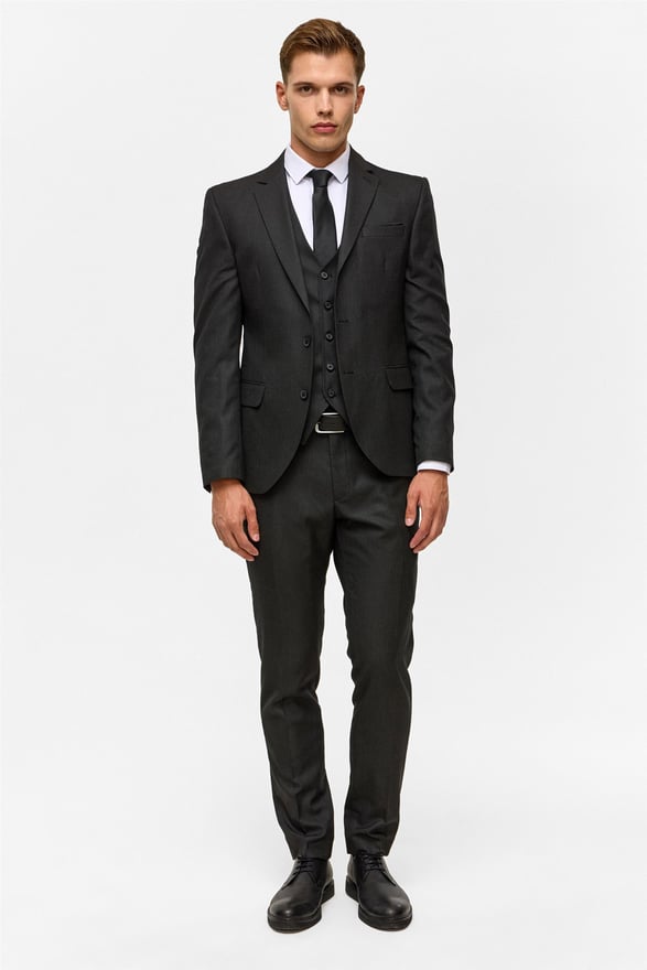 Siyah Slim Desenli Mono Yaka 6 Drop Yelekli Takım Elbise