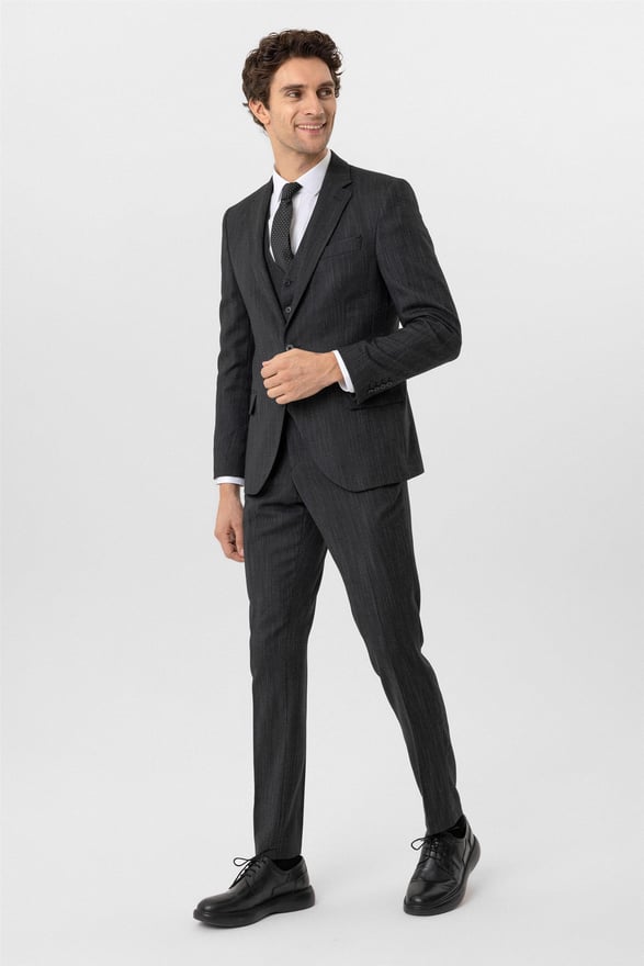 Siyah Slim Desenli Mono Yaka 6 Drop Yelekli Takım Elbise