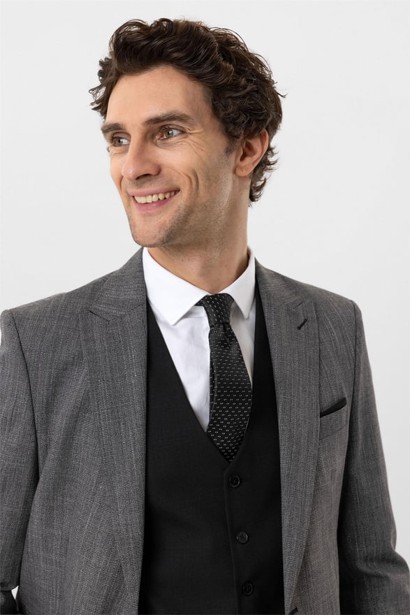 Siyah Slim Desenli Sivri Yaka 6 Drop Yelekli Takım Elbise