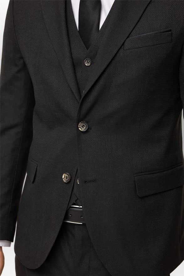 Siyah Slim Desenli Sivri Yaka 6 Drop Yelekli Takım Elbise