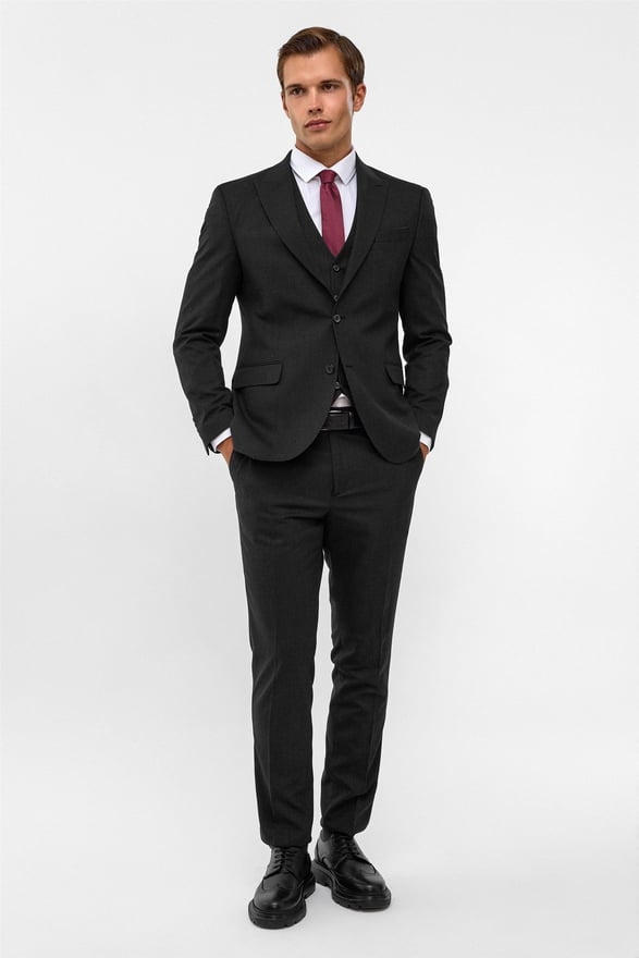 Siyah Slim Desenli Sivri Yaka 6 Drop Yelekli Takım Elbise