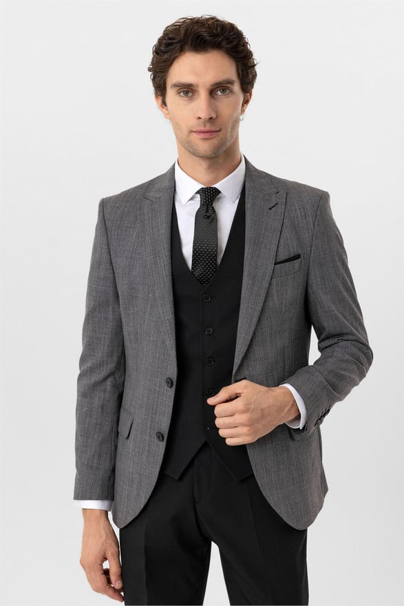 Siyah Slim Desenli Sivri Yaka 6 Drop Yelekli Takım Elbise