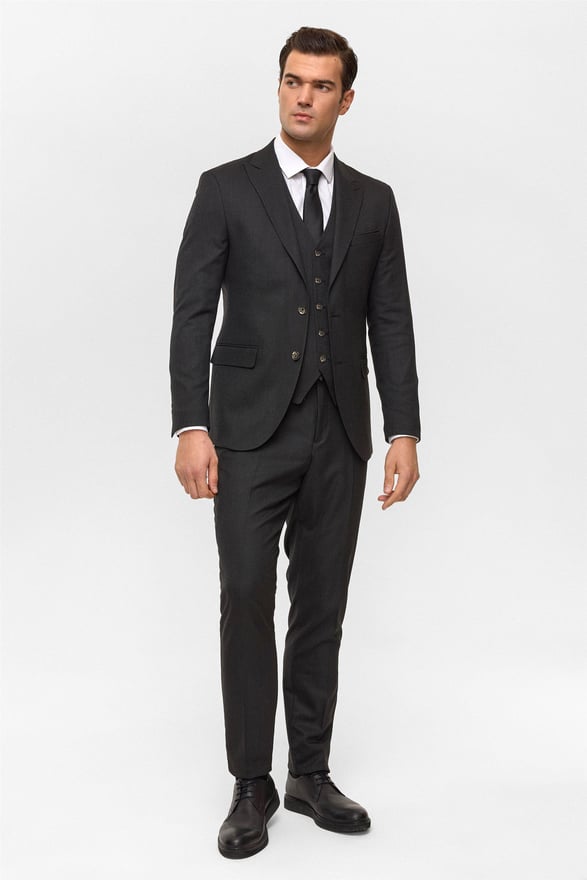 Siyah Slim Desenli Sivri Yaka 6 Drop Yelekli Takım Elbise