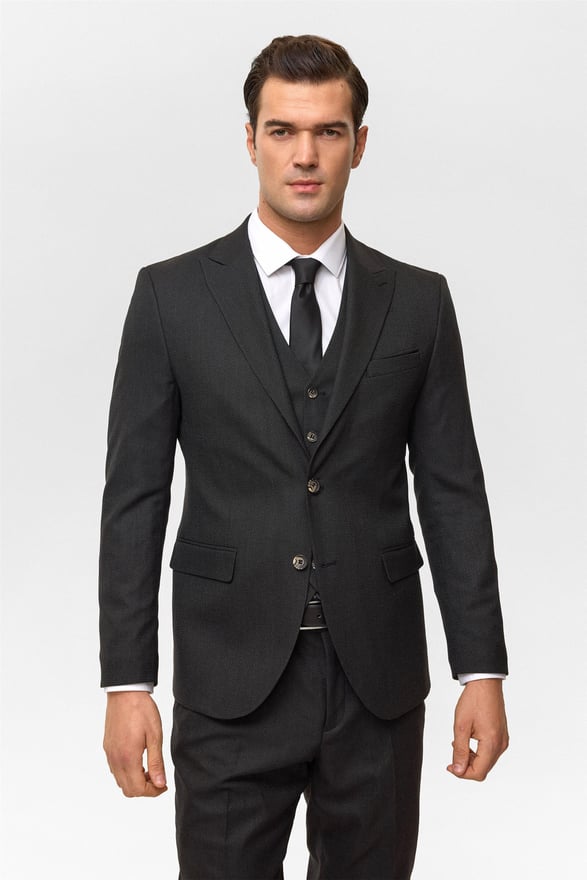 Siyah Slim Desenli Sivri Yaka 6 Drop Yelekli Takım Elbise