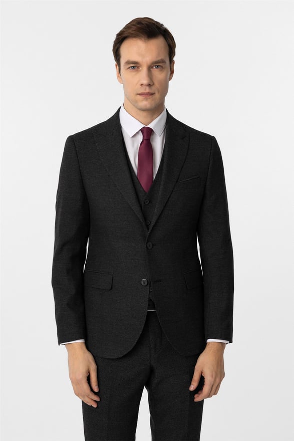 Siyah Slim Desenli Sivri Yaka 6 Drop Yelekli Takım Elbise