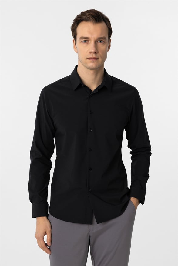 Siyah Slim Düz Klasik Yaka Gömlek