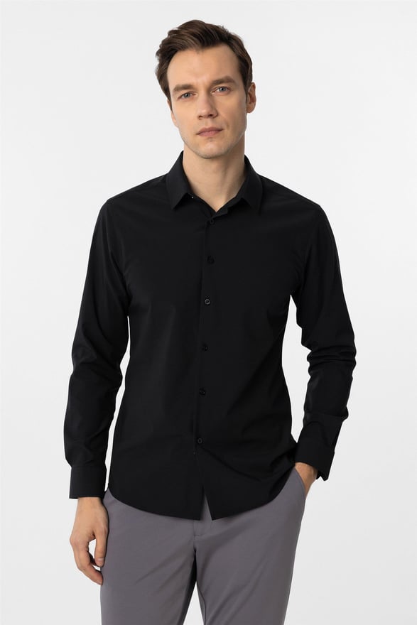 Siyah Slim Düz Klasik Yaka Gömlek