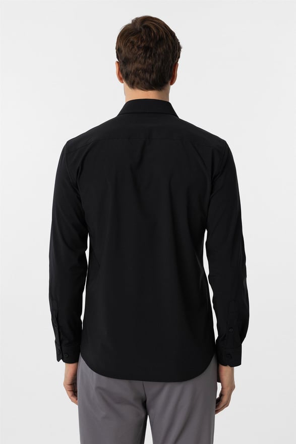 Siyah Slim Düz Klasik Yaka Gömlek