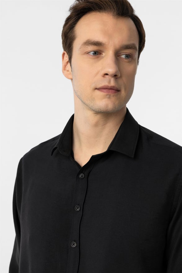 Siyah Slim Düz Klasik Yaka Gömlek