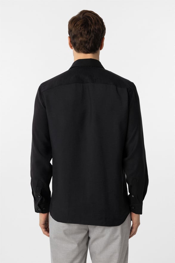 Siyah Slim Düz Klasik Yaka Gömlek