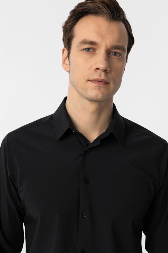 Siyah Slim Düz Klasik Yaka Gömlek