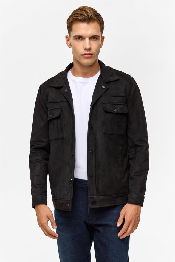 Siyah Slim Düz Klasik Yaka Mont